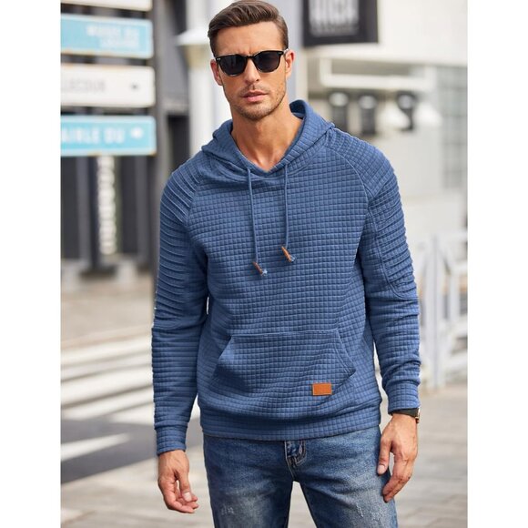Men's Grey Blue Hoodie Pullover Casual Long Sleeve Drawstring Waffle Sweatshirt - Picture 2 of 5